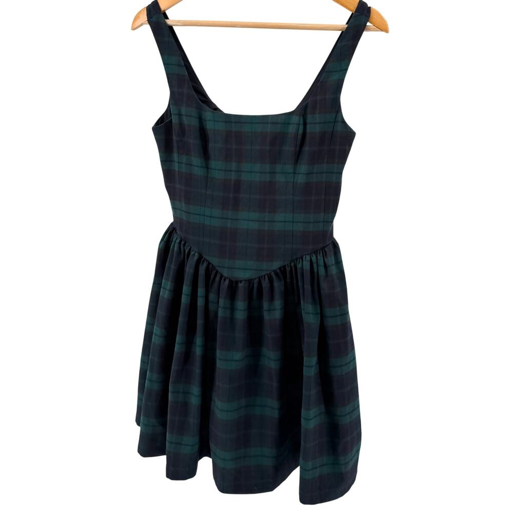 Avec Les Filles Green Navy Blue Plaid Tartan Sweetheart Mini Dress